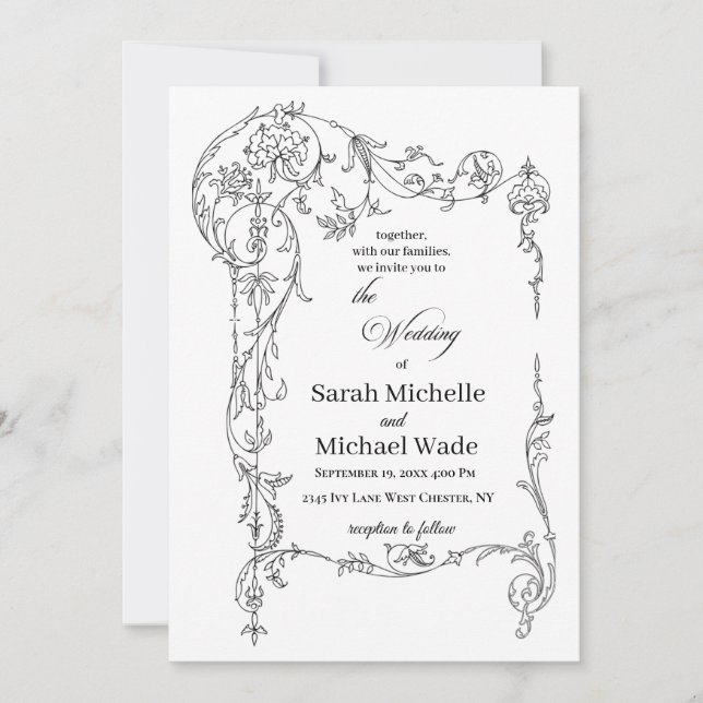Convites Floral Frame Calligraphy Wedding Invitation (Frente)
