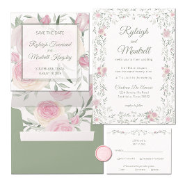 Convites Floral Frame Pink Roses and Greenery Romantic