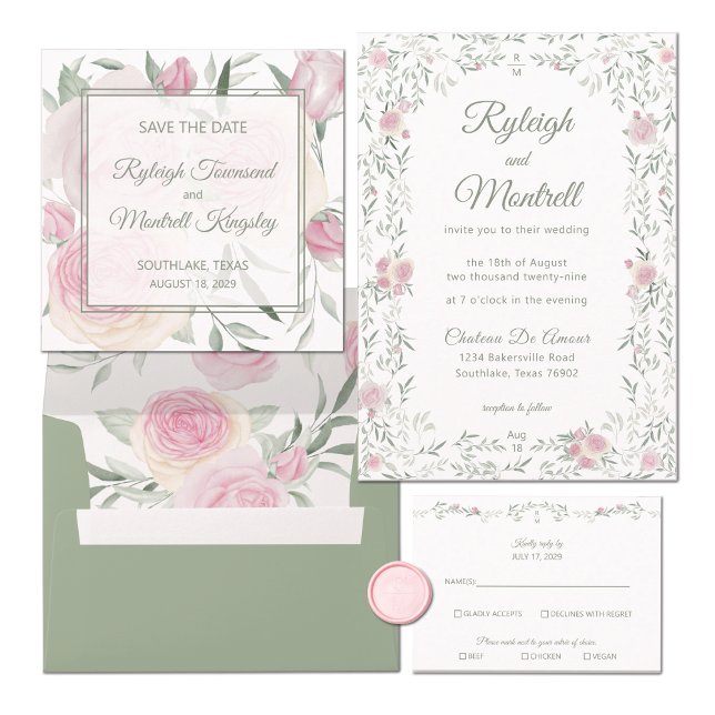 Convites Floral Frame Pink Roses and Greenery Romantic (Criador carregado)
