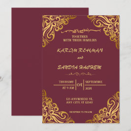 Convites Floral Frame Plum e Dourado Casamento Muçulmano Is