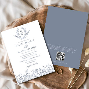 Convites Floral French Vintage Código QR Dusty Blue Casamen