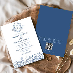 Convites Floral French Vintage Código QR Marinho Casamento 