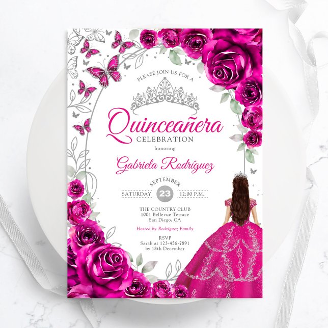 Convites Floral Fuchsia Pink Silver Quinceanera (Criador carregado)