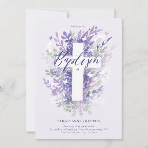 Convites Floral Garden Purple Foliage Cross Baby Baptism