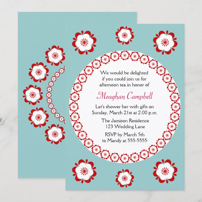 Convites Floral Garland Teal Red Chá de panela (Frente/Verso)