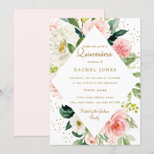 Convites Floral Geométrico Rosa Beijo Dourado Quinceanera