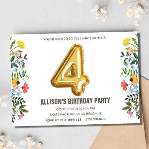 Convites Floral Girl Child 4th Balloon Festa de aniversário