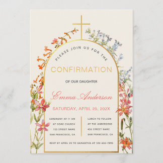 Convites Floral Girl Confirmation Gold Arch and Wildflowers