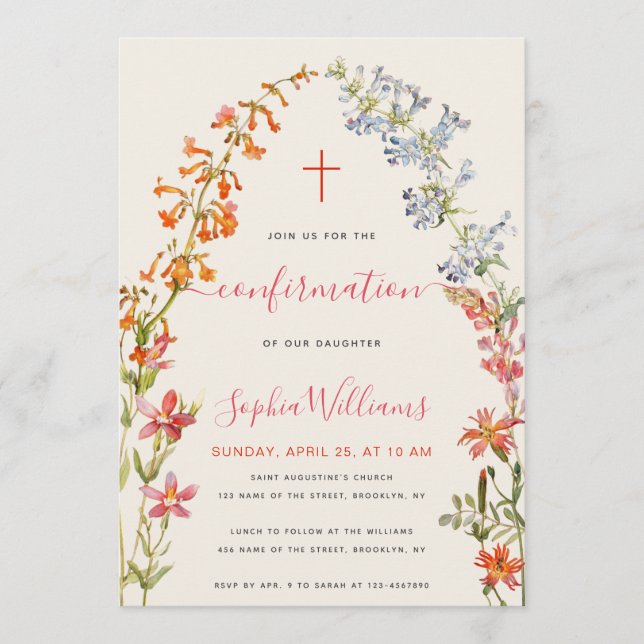 Convites Floral Girl Confirmation Wildflowers Watercolor  (Frente)