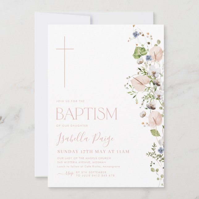 Convites Floral Girls Baptism Christening (Frente)