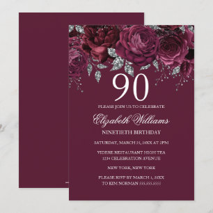 Convites Floral Glitter Burgundy 90 Aniversário
