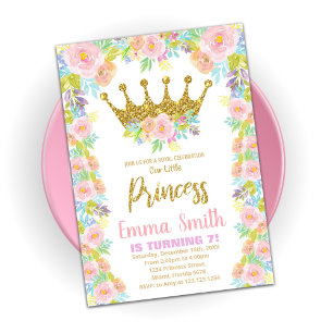 Convites Floral Glitter Coroa Princesa Conquistas de Aniver