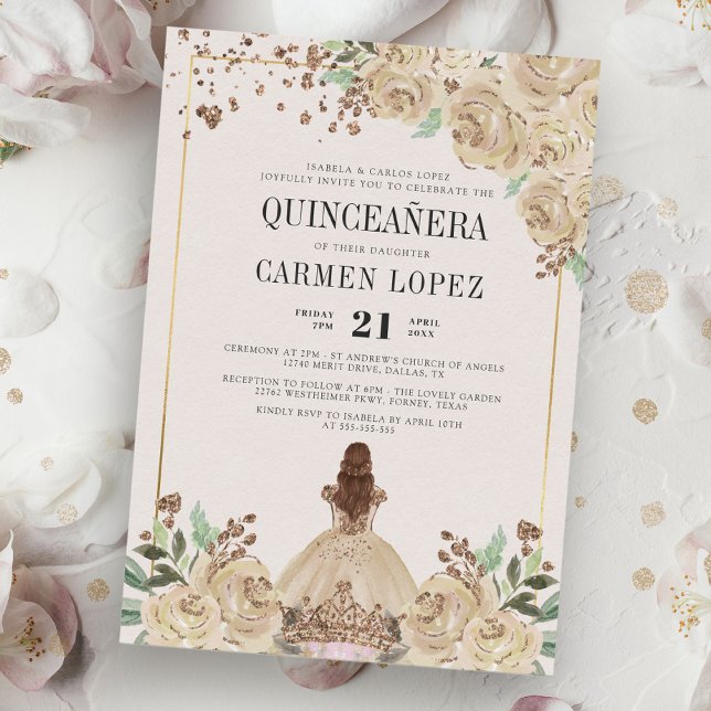 Convites Floral Glitter Dourada Princesa Birthday Quinceane (Criador carregado)