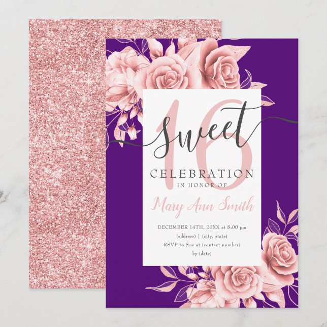 Convites Floral & Glitter Dourado de rosa 16 Roteiro Puro (Frente/Verso)
