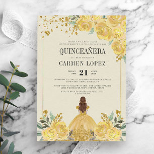 Convites Floral Glitter Dourado e princesa amarela Quincean