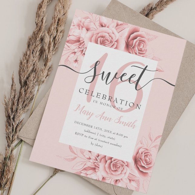 Convites Floral & Glitter Sweet 16, Rosa, cor-de-rosa (Rose Gold Floral & Glitter Sweet 16 Script Pink Invitation)