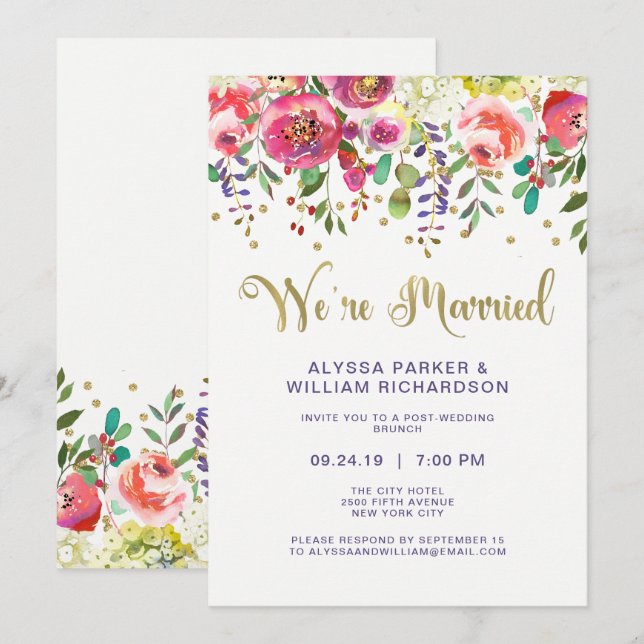 Convites Floral Gold | Estamos Casados (Frente/Verso)