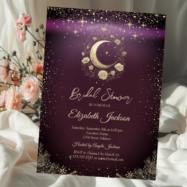 Convites Floral Gold Moon,Stars Burgundy Bridal Shower (Criador carregado)