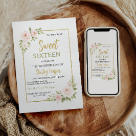 Convites Floral Gold Script Sweet Sixteen Birthday 