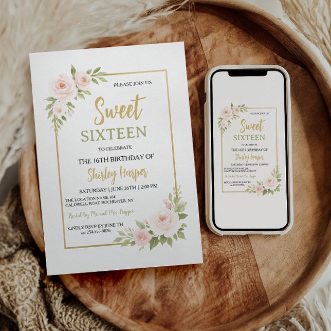 Convites Floral Gold Script Sweet Sixteen Birthday  (Criador carregado)