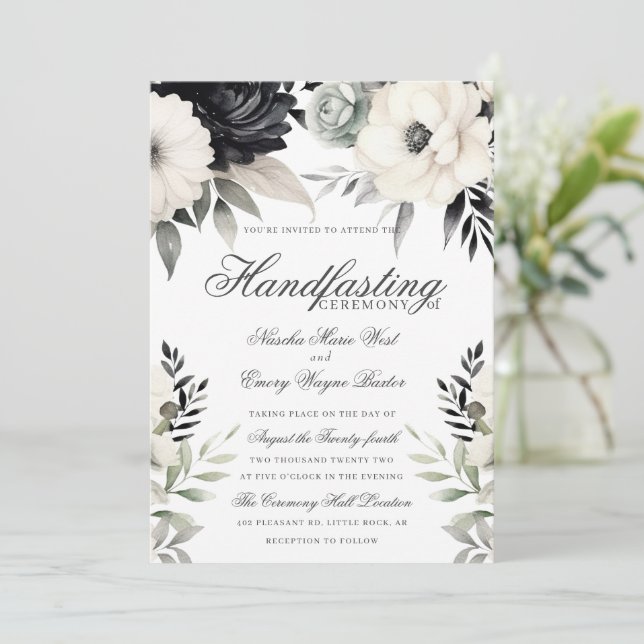 Convites Floral Gótico Sombrio Boho Preto Creme Handfasting (Em pé/Frente)