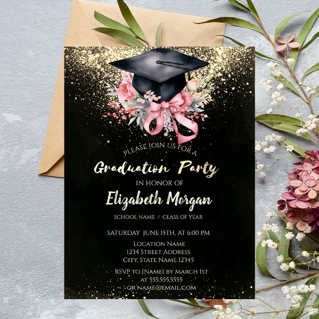 Convites Floral Grad Cap, Bow Confetti Graduation Party (Criador carregado)