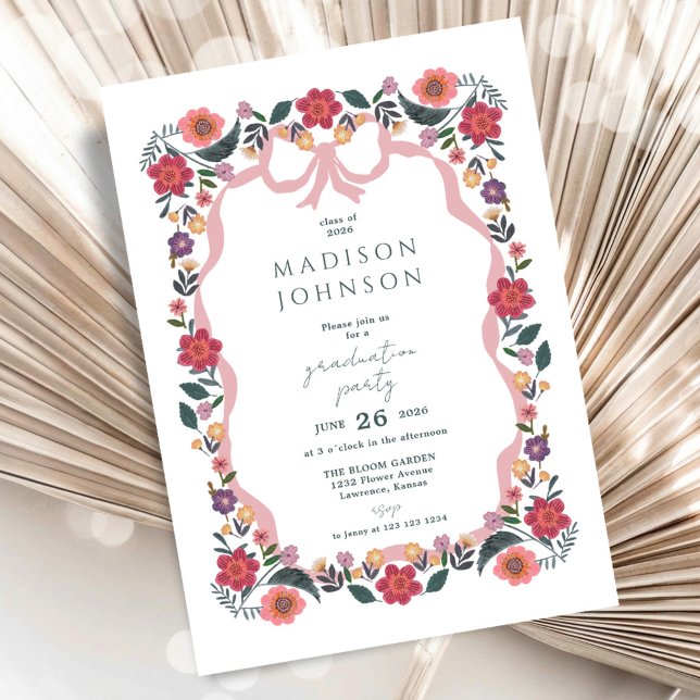 Convites Floral Graduation Party Ribbon Frame (Floral Graduation Party Ribbon Frame Invitation)