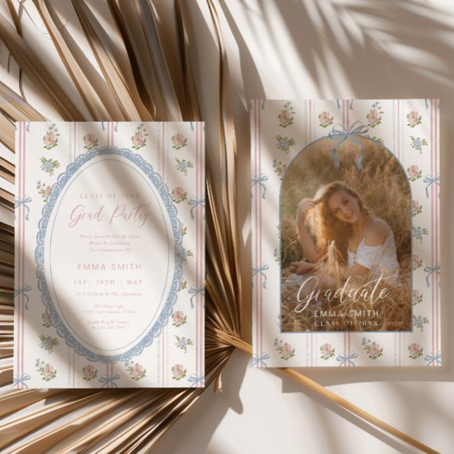 Convites Floral Graduation Photo Announcement Card Blue Bow (Criador carregado)