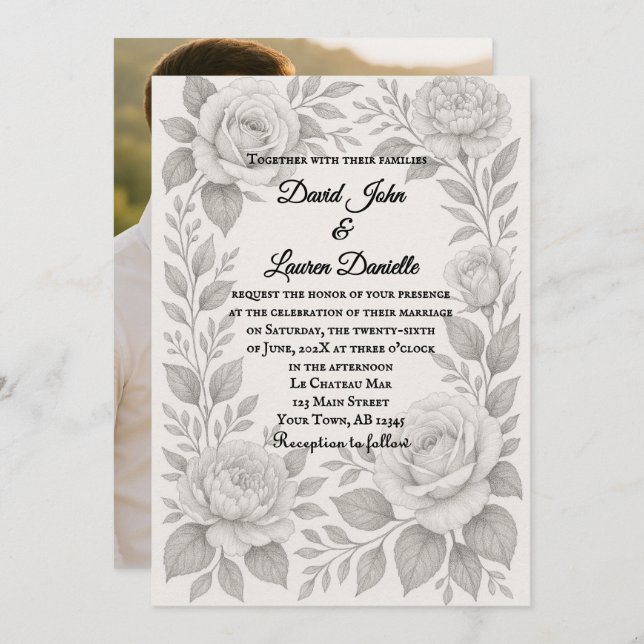 Convites Floral Graphite Photo Wedding Invitation (Frente/Verso)