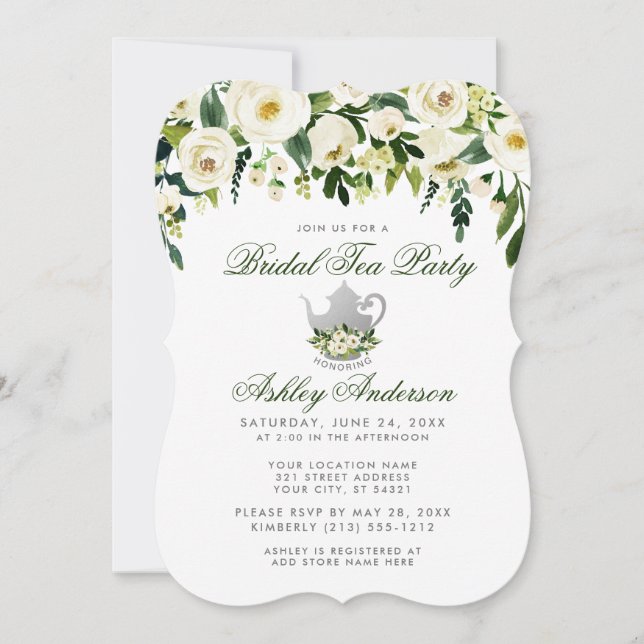 Convites Floral Green Bridal Tea Party Silver Invite (Frente)