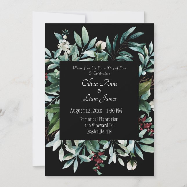 Convites Floral Greenery Elegante Chic Script Name Wedding (Frente)