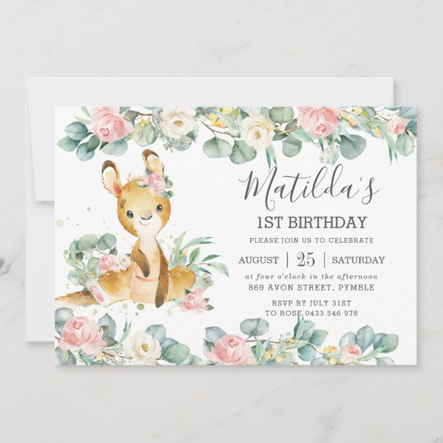 Convites Floral Greenery Eucalyptus Cute Kangaroo Aniversár (Frente)