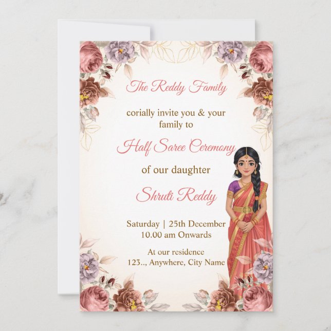 Convites Floral Half Saree Ceremony Invitation (Frente)