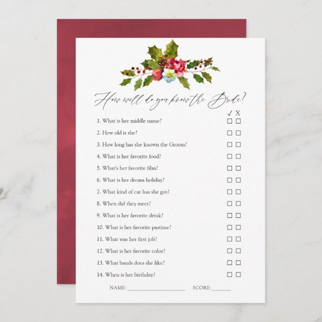 Convites Floral Holly jogo de Chá de panela de Natal (Frente/Verso)