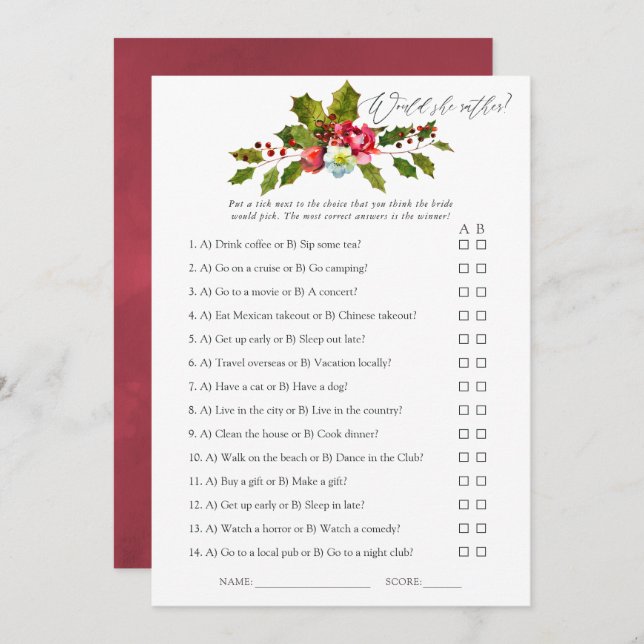 Convites Floral Holly jogo de Chá de panela de Natal (Frente/Verso)