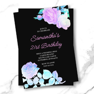 Convites Floral Iridescente Preto e Rosa Aniversário de 21