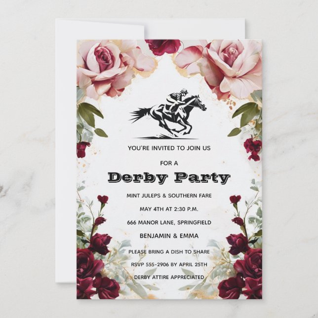 Convites Floral Kentucky Derby Party Invitation Horse Racin (Frente)