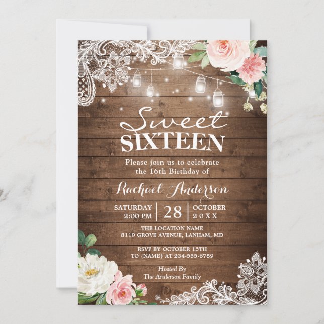 Convites Floral Lace Mason Jar Lights Sweet 16 Aniversário (Frente)