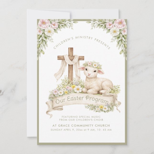 Convites Floral Lamb with Cross | Easter Program Invitation (Frente)