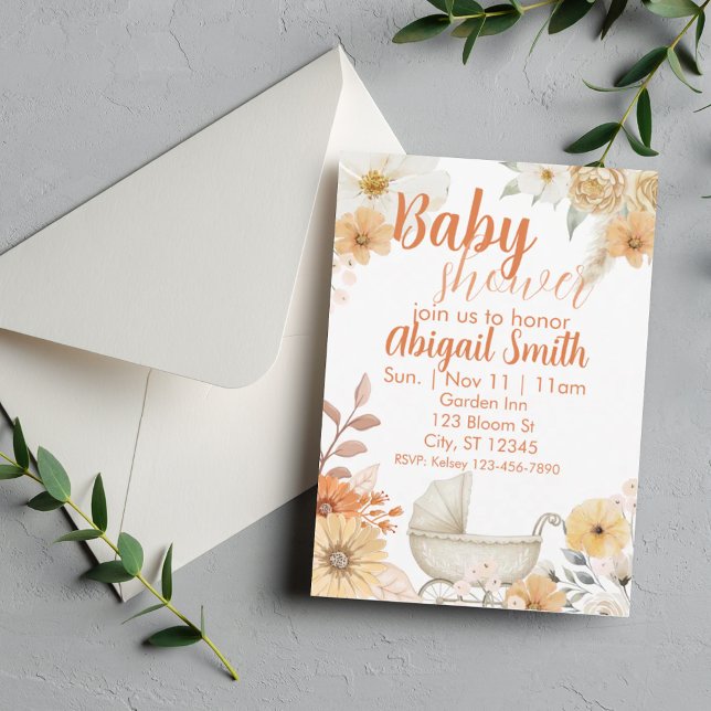 Convites Floral Laranja e Branco, Chuveiro de Bebê de Carru (Criador carregado)