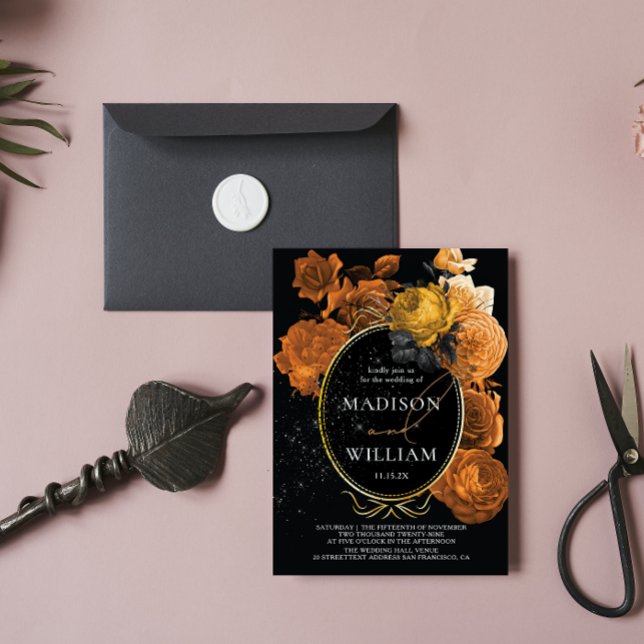 Convites Floral Laranja Negro de Casamento Elegante (Criador carregado)
