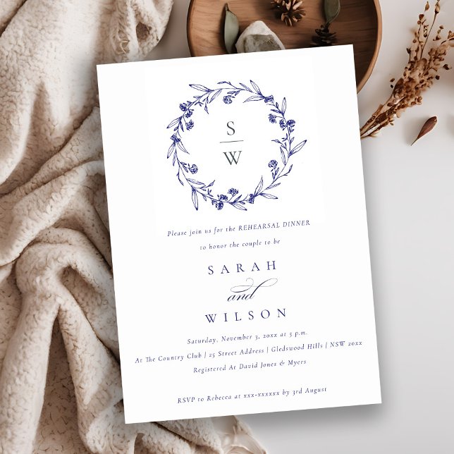 Convites Floral Laurel Wreath Marinho Blue Janto de ensaio (Criador carregado)