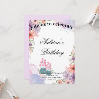 Convites Floral lavender calligraphy text birthday