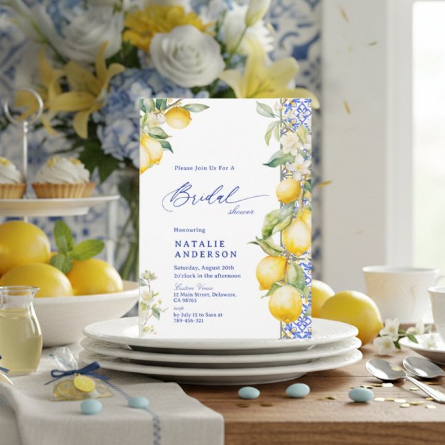 Convites Floral Lemon Mediterranean Blue Tile Bridal Shower (Floral Lemon Mediterranean Blue Tile Bridal Shower Invitation)