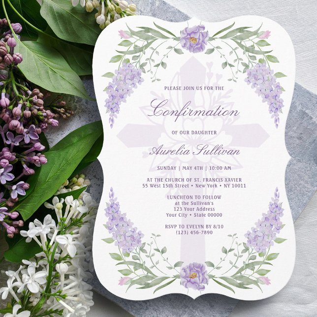 Convites Floral Lilac Frame Holy Cross Confirmation (Criador carregado)