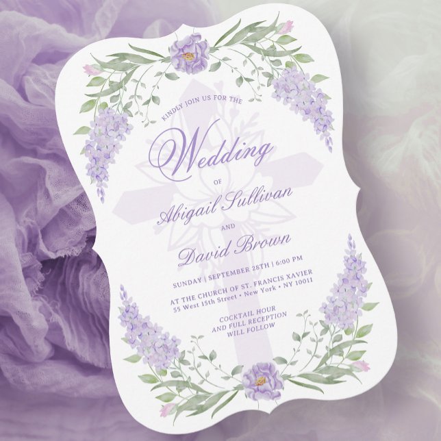 Convites Floral Lilac Lavender Frame Religious Wedding (Criador carregado)