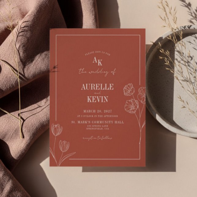 Convites Floral Line Art Rustic Terracota Elegant Wedding  (Criador carregado)