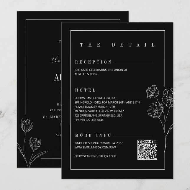 Convites Floral Line Rustic Black Elegant All in Wedding  (Frente/Verso)