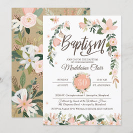 Convites Floral lunático cora baptismo cor-de-rosa & branco
