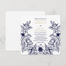 Convites Floral Magnolia Wreath | Azul e Dourado | Casament